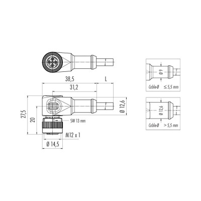 Wymiary przewodu M12 kątowego binder 77 3434 0000 20005-0500