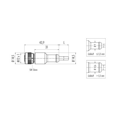 Wymiary prostego złącza M12 przewodu binder 79 3430 24 04