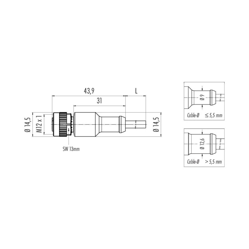 Wymiary prostego złącza M12 przewodu binder 79 3430 24 04
