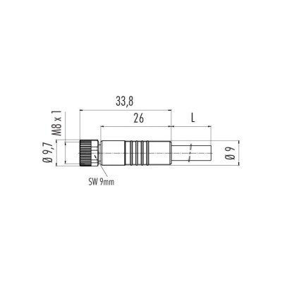 Wymiary złącza M8 3-pin żeńskiego prostego binder 77 3406 0000 50003-1000