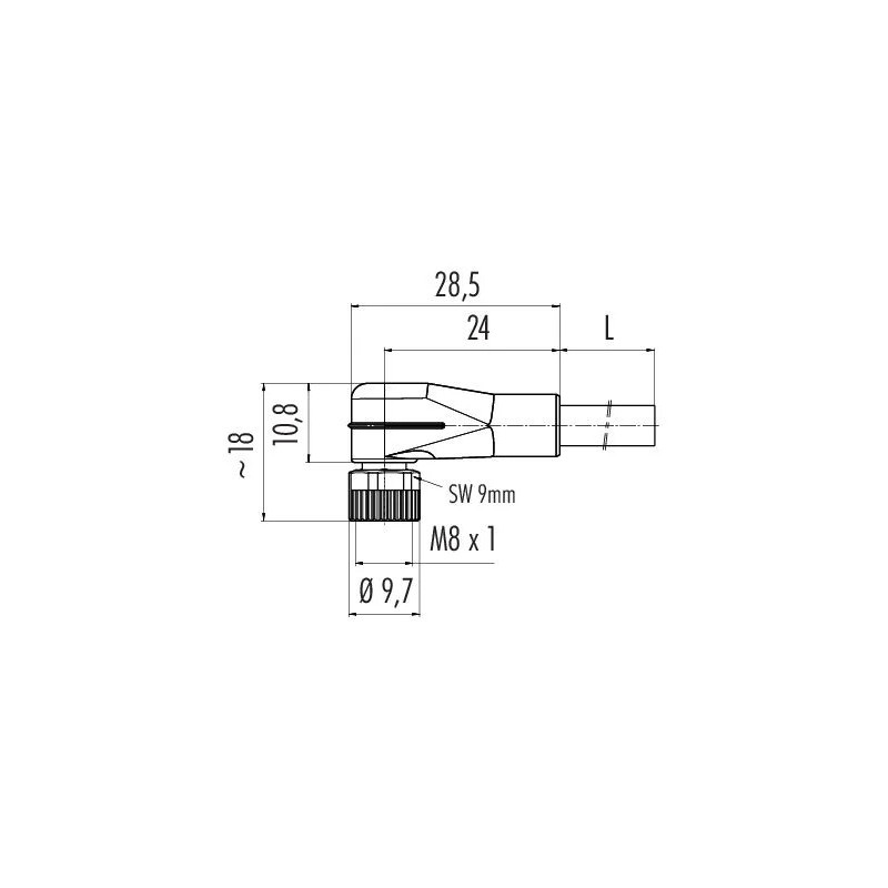 Wymiary złącza M8 kątowego binder 77 3408 0000 20003-1000