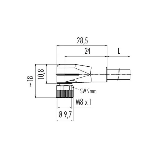 Wymiary kątowego złącza M8 3-pin binder 77 3408 0000 50003-1000