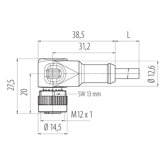 Rysunek wymiarowy kątowego złącza M12 binder 77 3634 0000 50004-0500