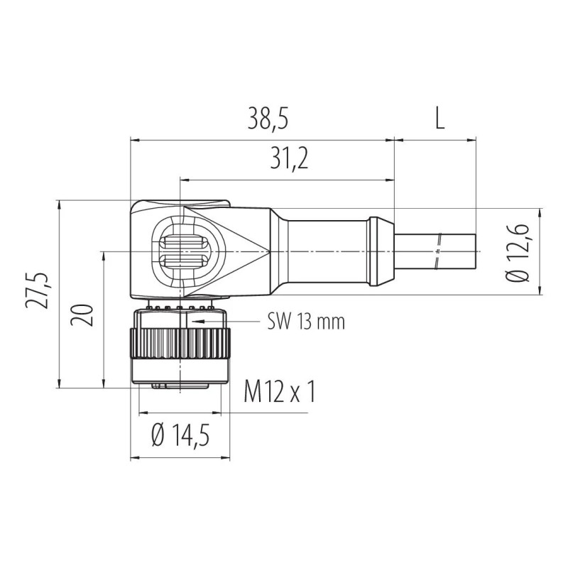 Rysunek wymiarowy kątowego złącza M12 binder 77 3634 0000 50004-0500