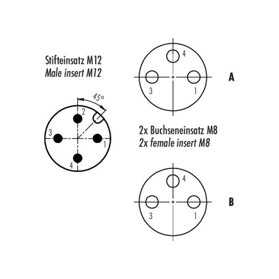 Trójnik - binder - M12 4 pin męska - 2 x M8 3 pin żeńska - slim
