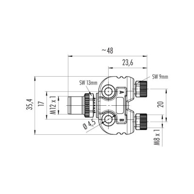 Trójnik - binder - M12 4 pin męska - 2 x M8 3 pin żeńska