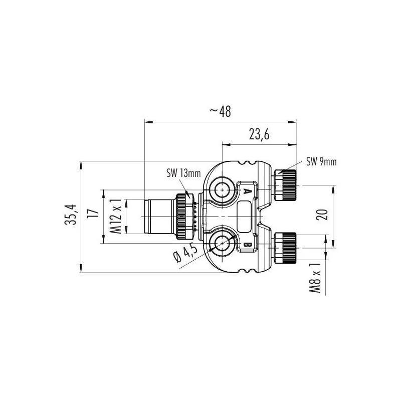 Trójnik - binder - M12 4 pin męska - 2 x M8 3 pin żeńska