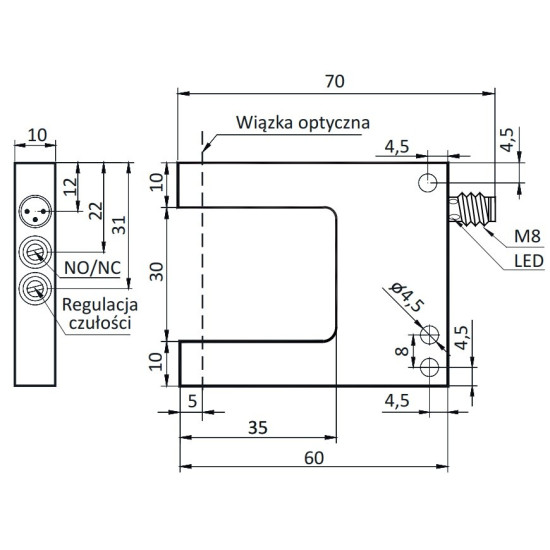 Czujnik widełkowy 30 mm, PNP NO/NC, św. czerwone | OGS-30-PUK-ST3