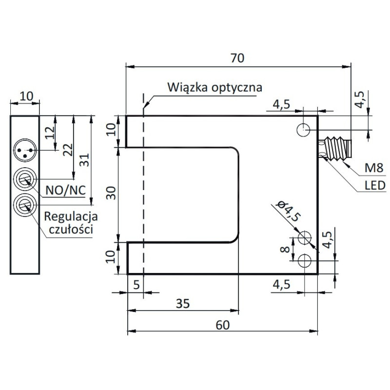 Czujnik widełkowy 30 mm, PNP NO/NC, św. czerwone | OGS-30-PUK-ST3