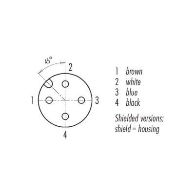 Układ styków żeńskiego złącza M12-A 4-pin binder 77 3434 0000 20004-1000