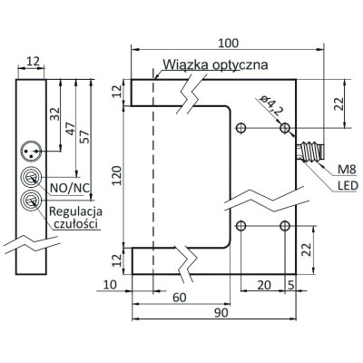 Czujnik widełkowy 120 mm, PNP NO/NC, św. czerwone | OGS-120-PUK-ST3