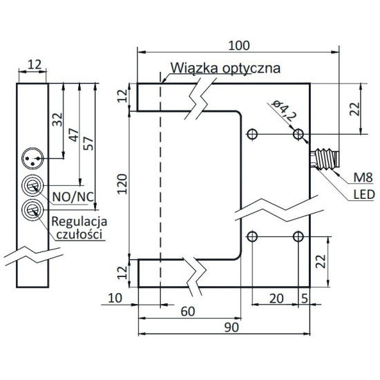 Czujnik widełkowy 120 mm, PNP NO/NC, św. czerwone | OGS-120-PUK-ST3