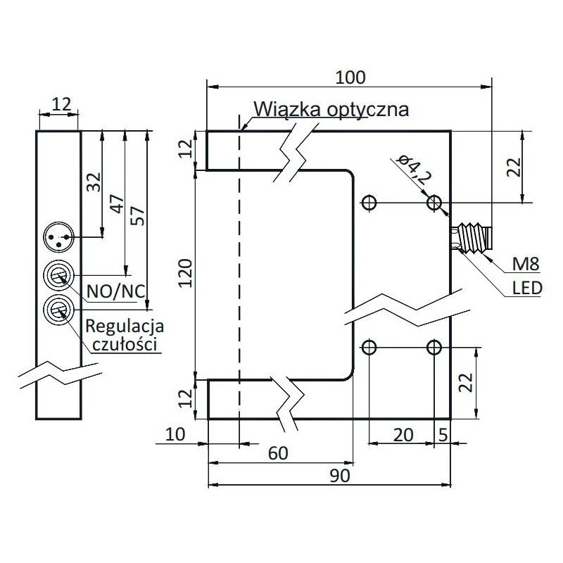 Czujnik widełkowy 120 mm, PNP NO/NC, św. czerwone | OGS-120-PUK-ST3