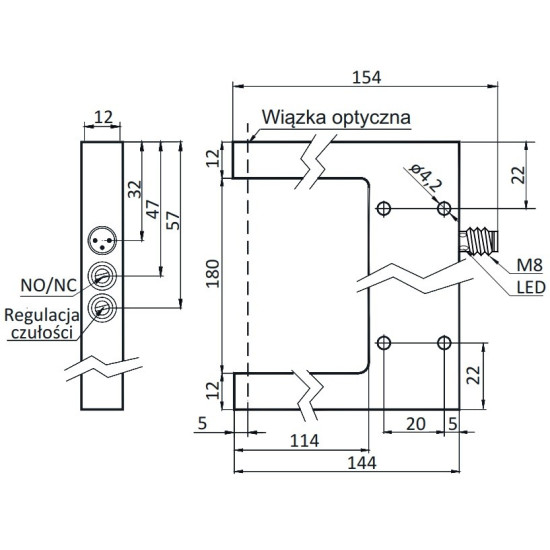 Czujnik widełkowy 180 mm, PNP NO/NC, św. czerwone | OGS-180-PUK-ST3