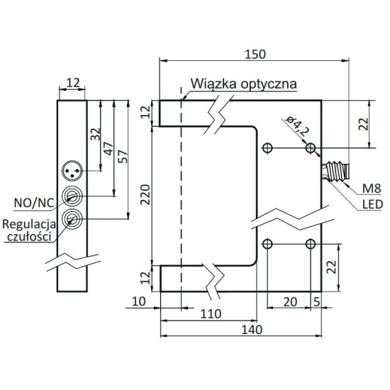 Czujnik widełkowy 220 mm, PNP NO/NC, podczerwień  | OGS-220-PUK-ST3