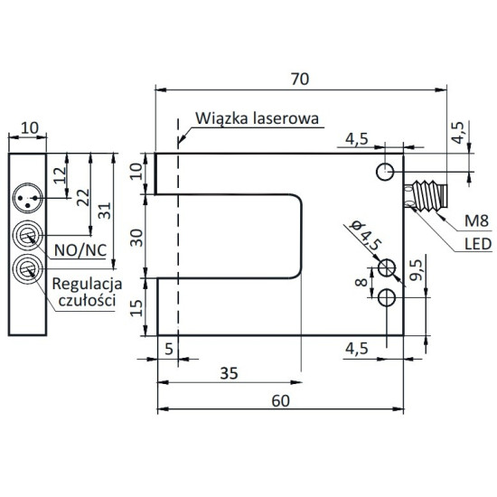 Czujnik widełkowy 30 mm, PNP NO/NC, laser | OGSL-30-PUK-ST3