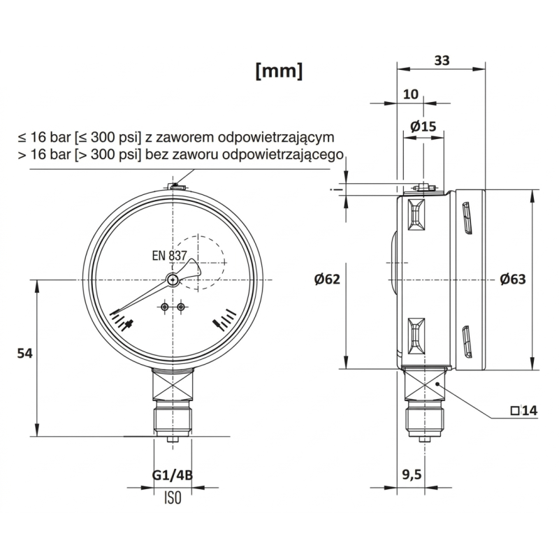 Manometr nierdzewny 1 bar, 63 mm, G1/4B, dolny | WIKA 232.50