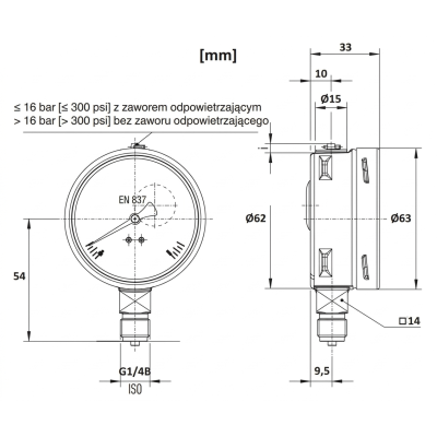 Manometr nierdzewny 6 bar, 63 mm, G1/4B, dolny | WIKA 232.50