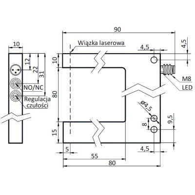 Czujnik widełkowy 80 mm, PNP NO/NC, laser | OGSL-80-PUK-ST3