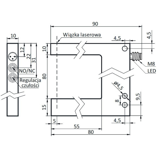 Czujnik widełkowy 80 mm, PNP NO/NC, laser | OGSL-80-PUK-ST3