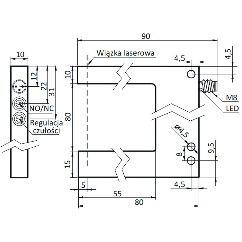 Czujnik widełkowy 80 mm, PNP NO/NC, laser | OGSL-80-PUK-ST3