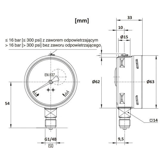 Manowakuometr nierdzewny -1-0 bar, 63 mm, G1/4B, dolny | WIKA 232.50