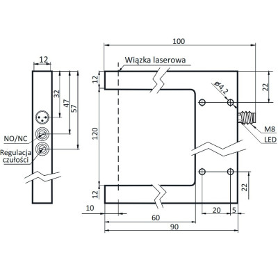Czujnik widełkowy 120 mm, PNP NO/NC, laser | OGSL-120-PUK-ST3