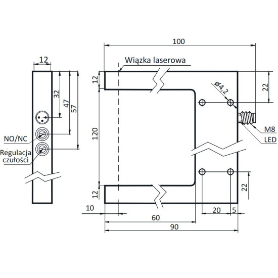 Czujnik widełkowy 120 mm, PNP NO/NC, laser | OGSL-120-PUK-ST3