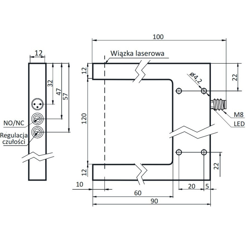 Czujnik widełkowy 120 mm, PNP NO/NC, laser | OGSL-120-PUK-ST3