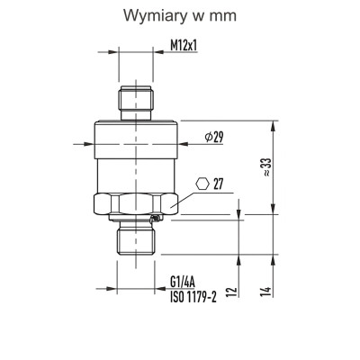 Wymiary przetwornika ciśnienia WIKA A-10 z M12 i G1/4A