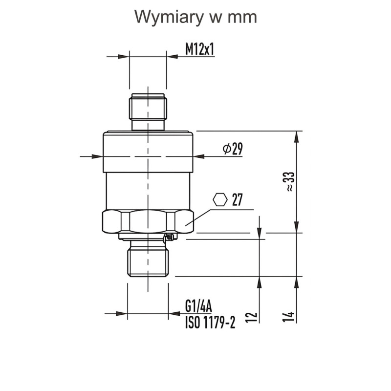 Wymiary przetwornika ciśnienia WIKA A-10 z M12 i G1/4A