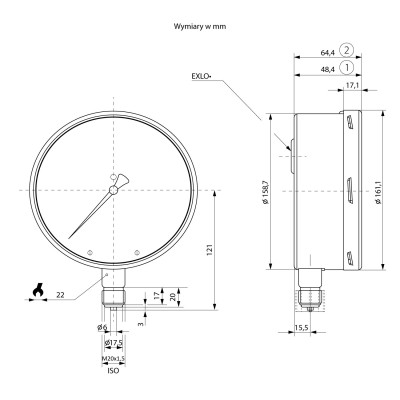 Rysunek techniczny manometru kontrolnego 312.20.160