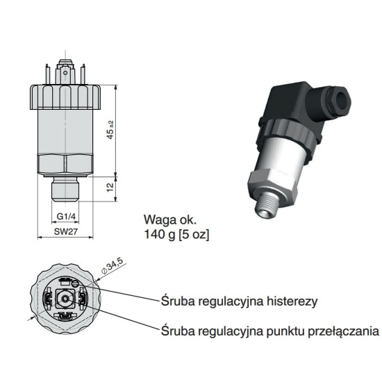 WIKA PSM02 14078544 – wymiary przełącznika ciśnienia i śruby regulacji punktu przełączania oraz histerezy