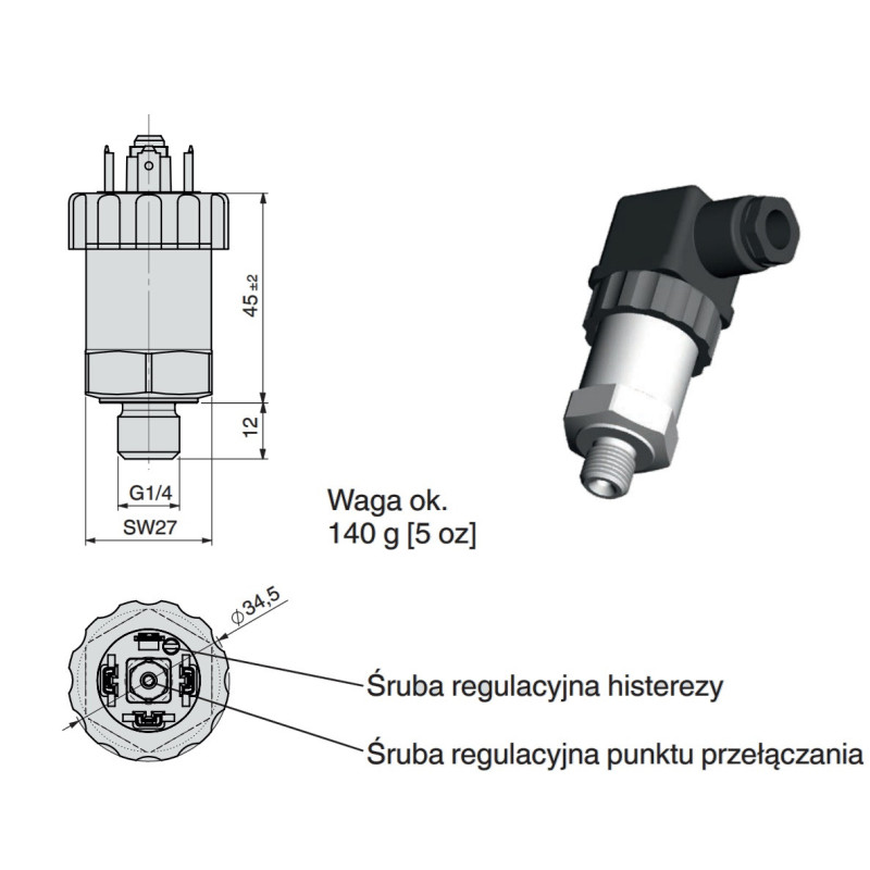 WIKA PSM02 14078544 – wymiary przełącznika ciśnienia i śruby regulacji punktu przełączania oraz histerezy