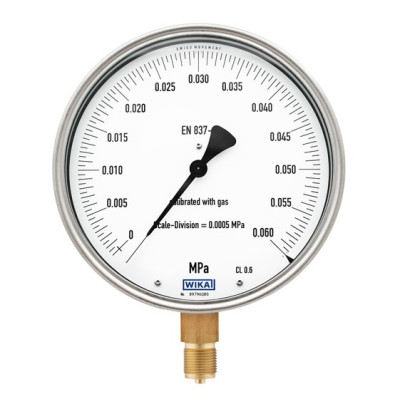 Manometr kontrolny - widok przedni, tarcza 160 mm ze skalą 0–0,06 MPa, klasa 0,6 i dolne przyłącze M20 × 1,5.