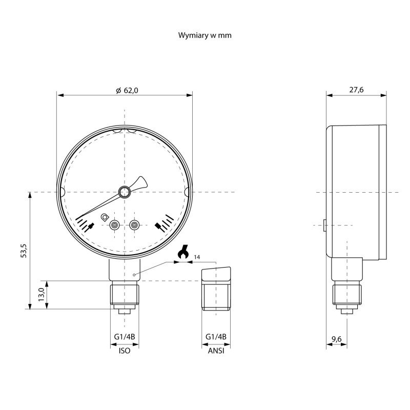 Manometr suchy 6 bar, G1/4B, dolny, 63 mm, mosiądz | WIKA 111.10