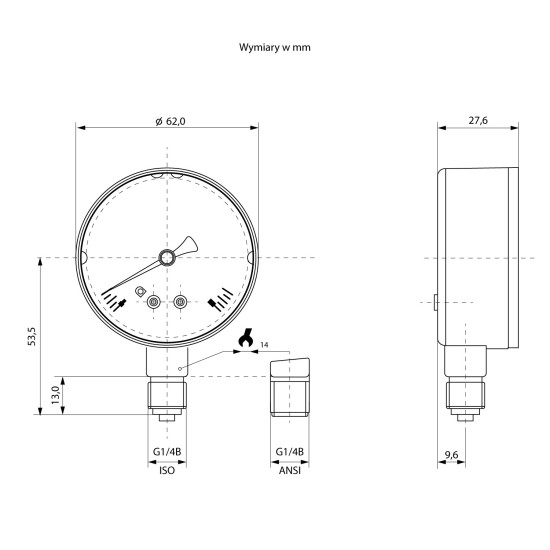Manometr suchy 100 bar, G1/4B, dolny, 63 mm, mosiądz | WIKA 111.10