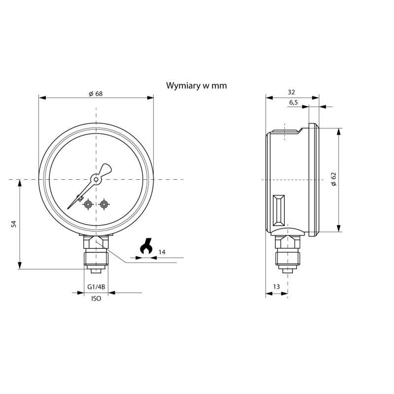Manometr glicerynowy 10 bar, G1/4B, dolny, mosiądz, 63 mm | WIKA 213.53