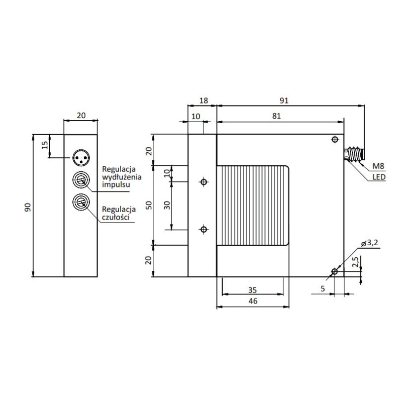 Czujnik ramkowy 50x46 mm, PNP NO, rozdz. 0,5 mm | Eickmann Elektronik